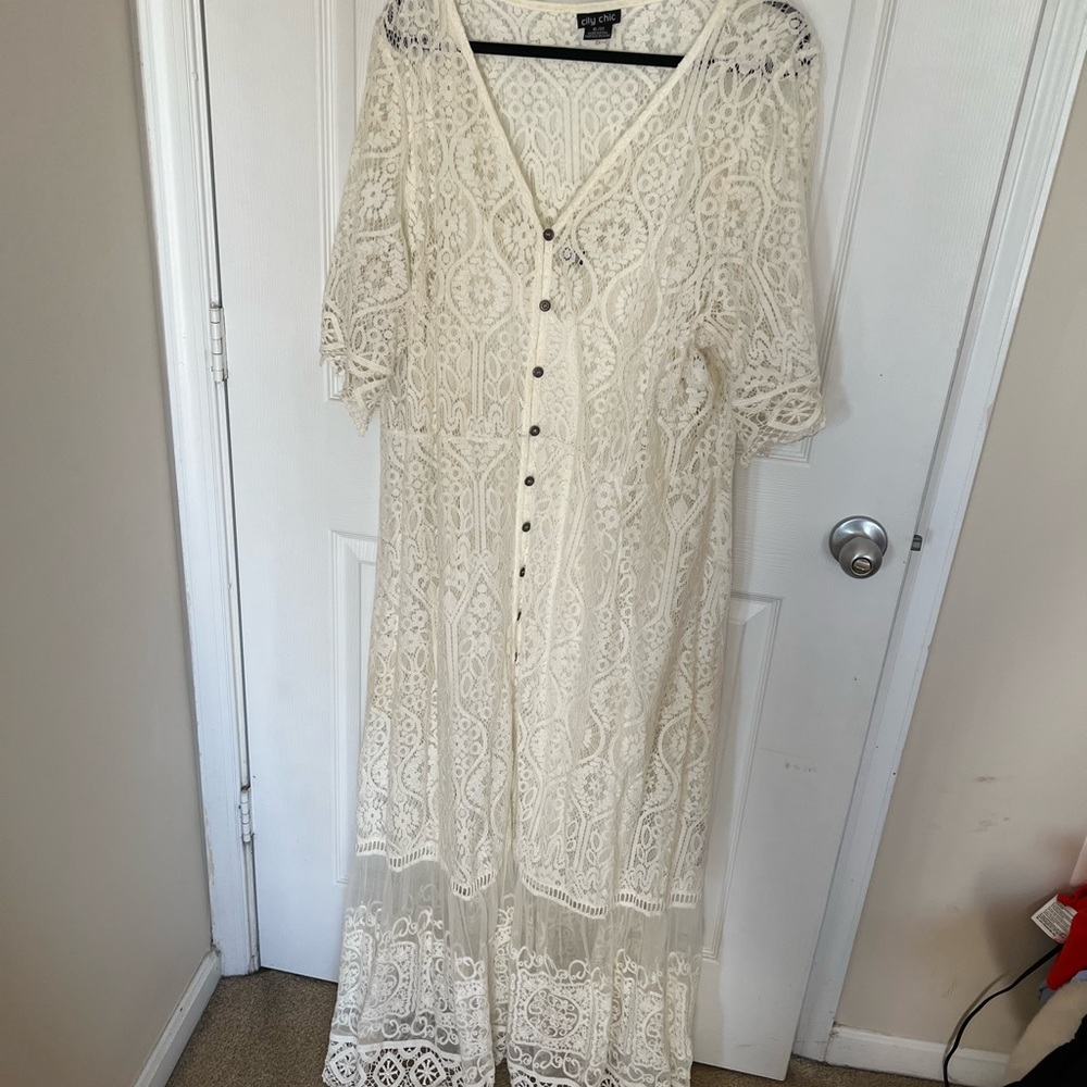 City Chic - White Maxi Dress with Crochet/Lace Overlay